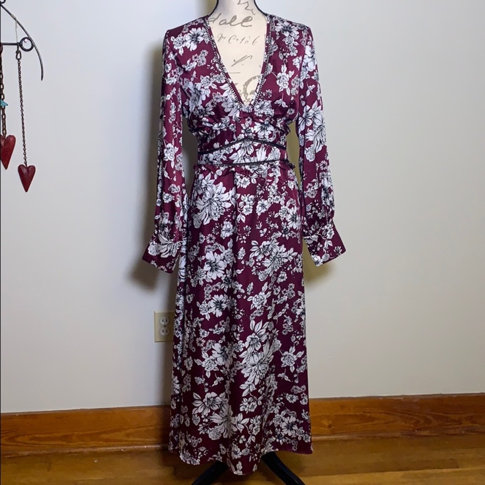 Bardot Maroon Floral Print Dress with Long Sleeves